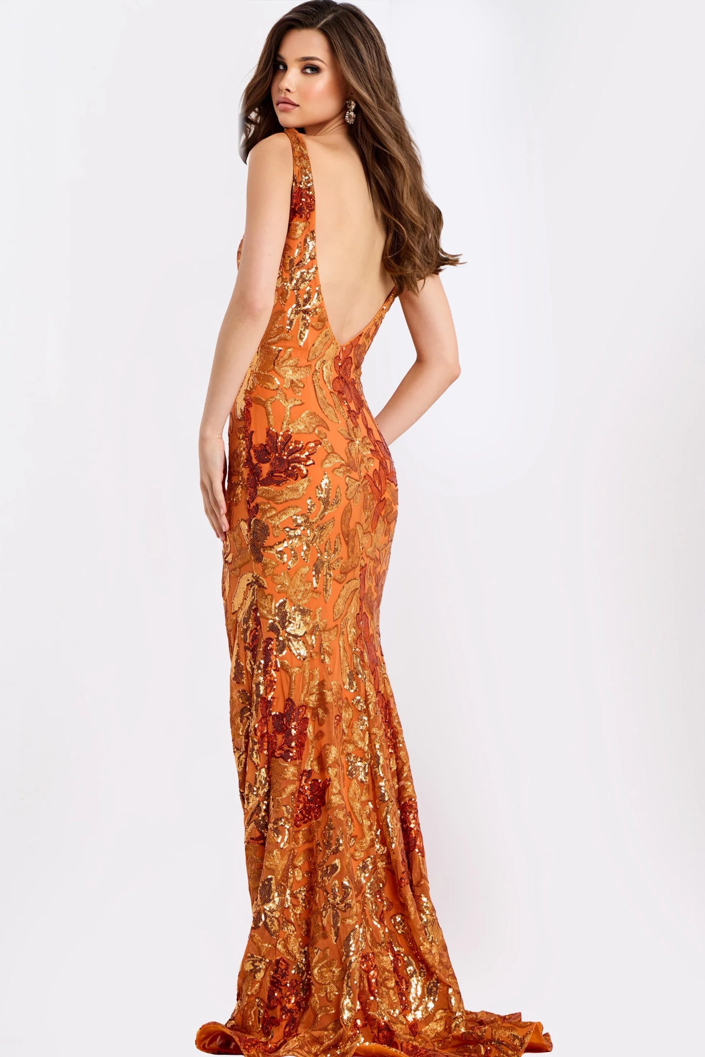 Orange Sequin Floral Prom Dress With Slit