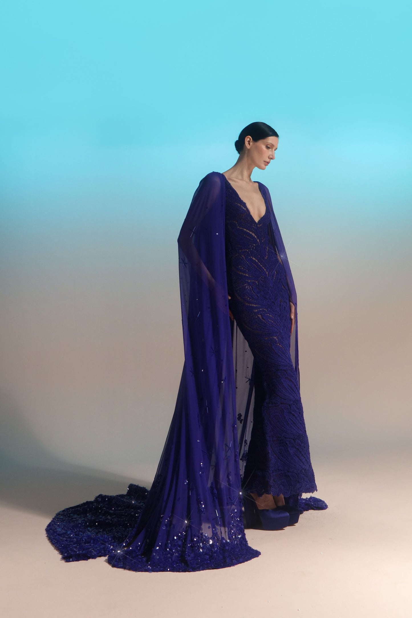 Embroidered Gown with Beaded Cape