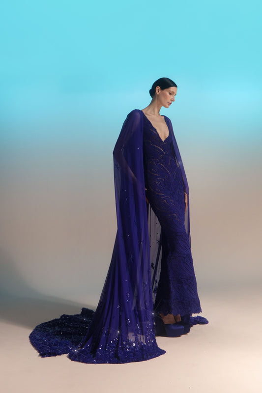 Embroidered Gown with Beaded Cape