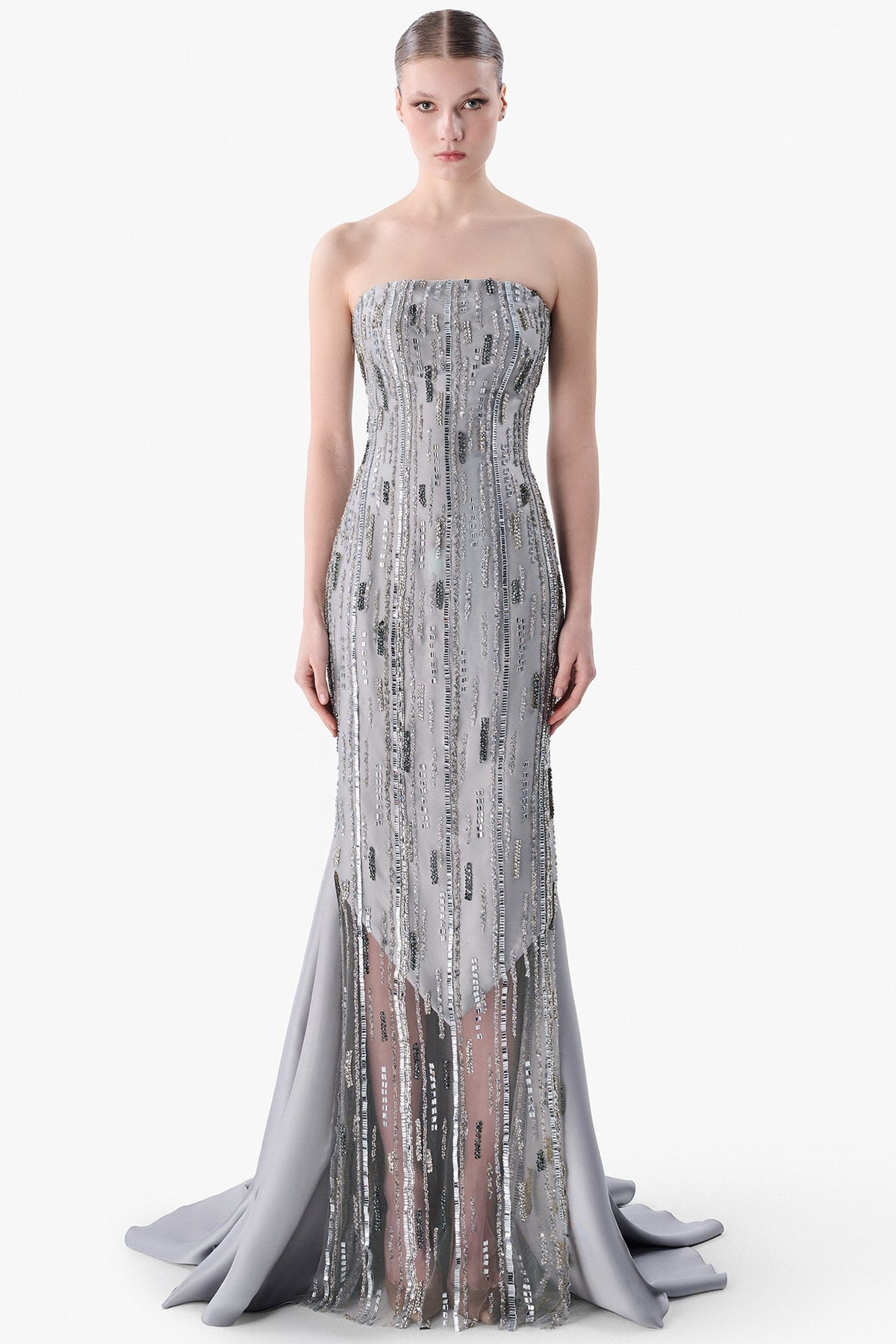 Strapless Embroidered Tulle Gown with Satin Train