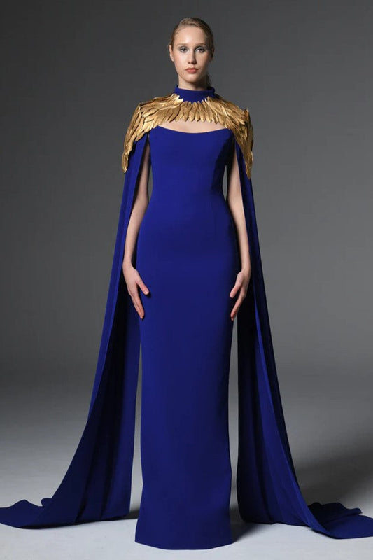 Crepe Gown with Gold Feathers