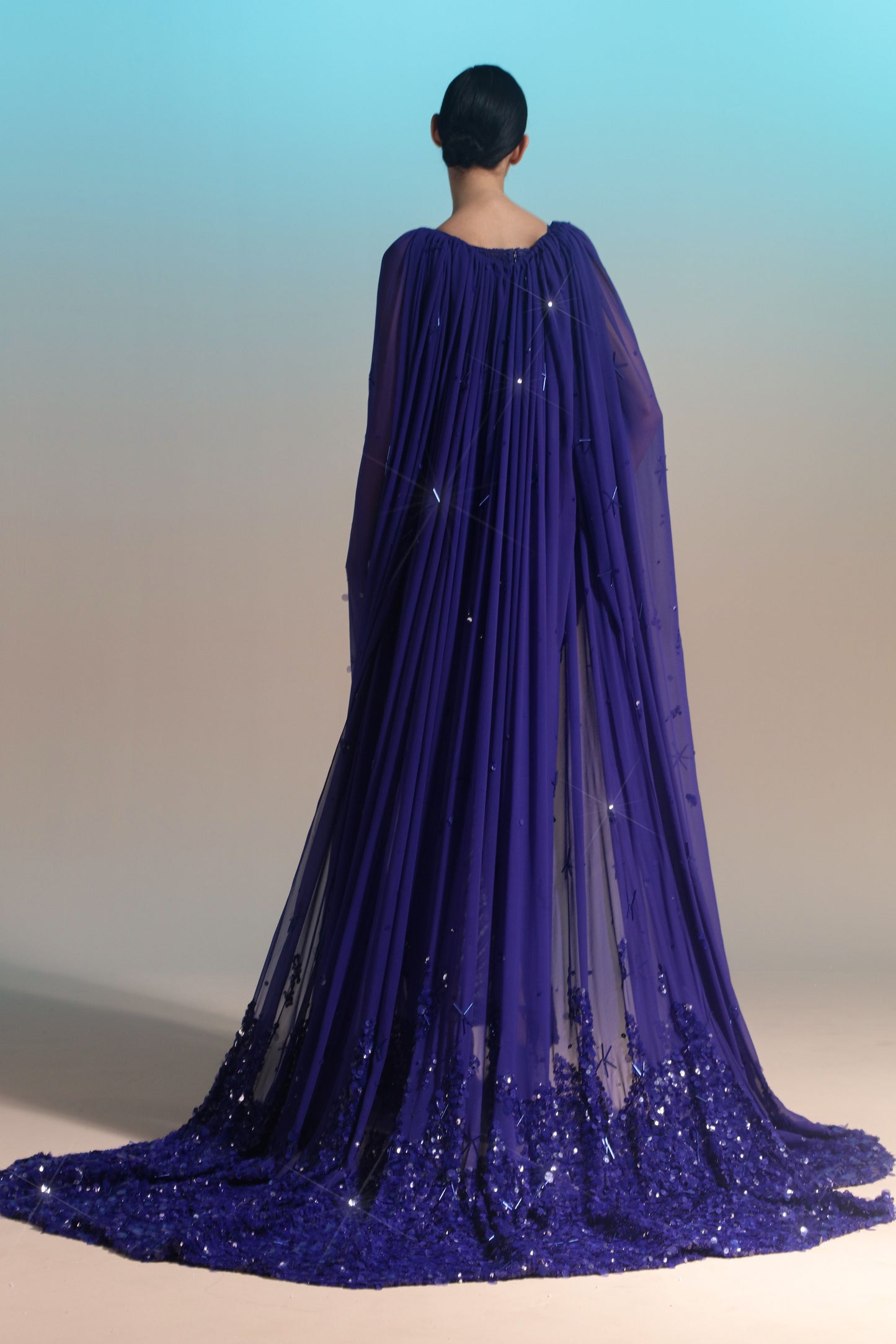 Embroidered Gown with Beaded Cape