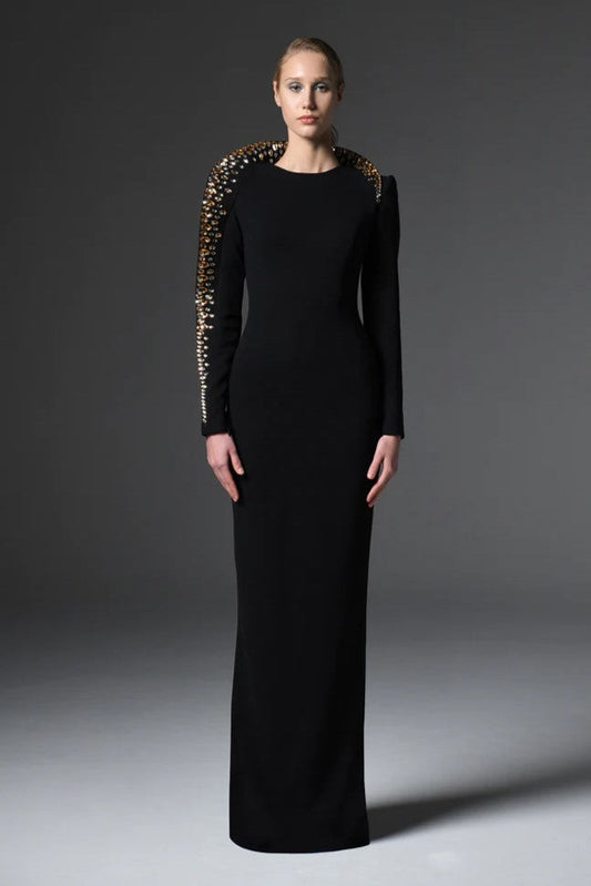 Crepe Gown with Embroidered Collar