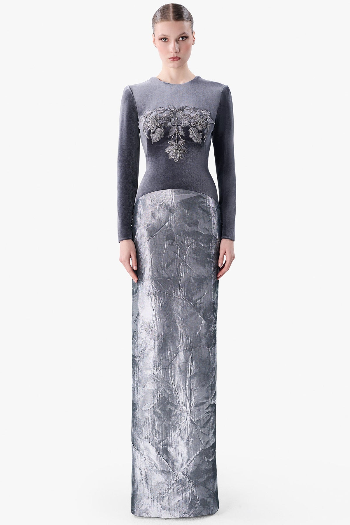 Fitted Velvet Gown with Embroidered Bodice