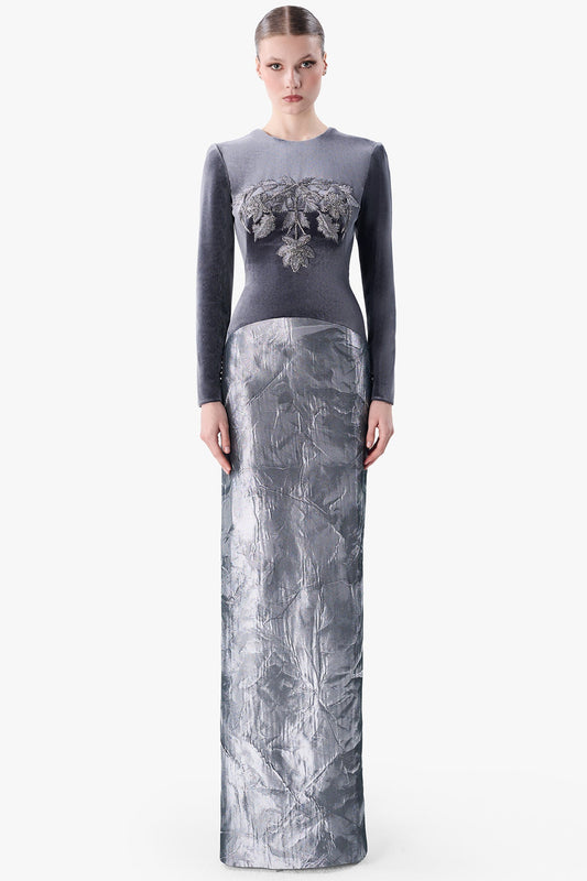 Fitted Velvet Gown with Embroidered Bodice