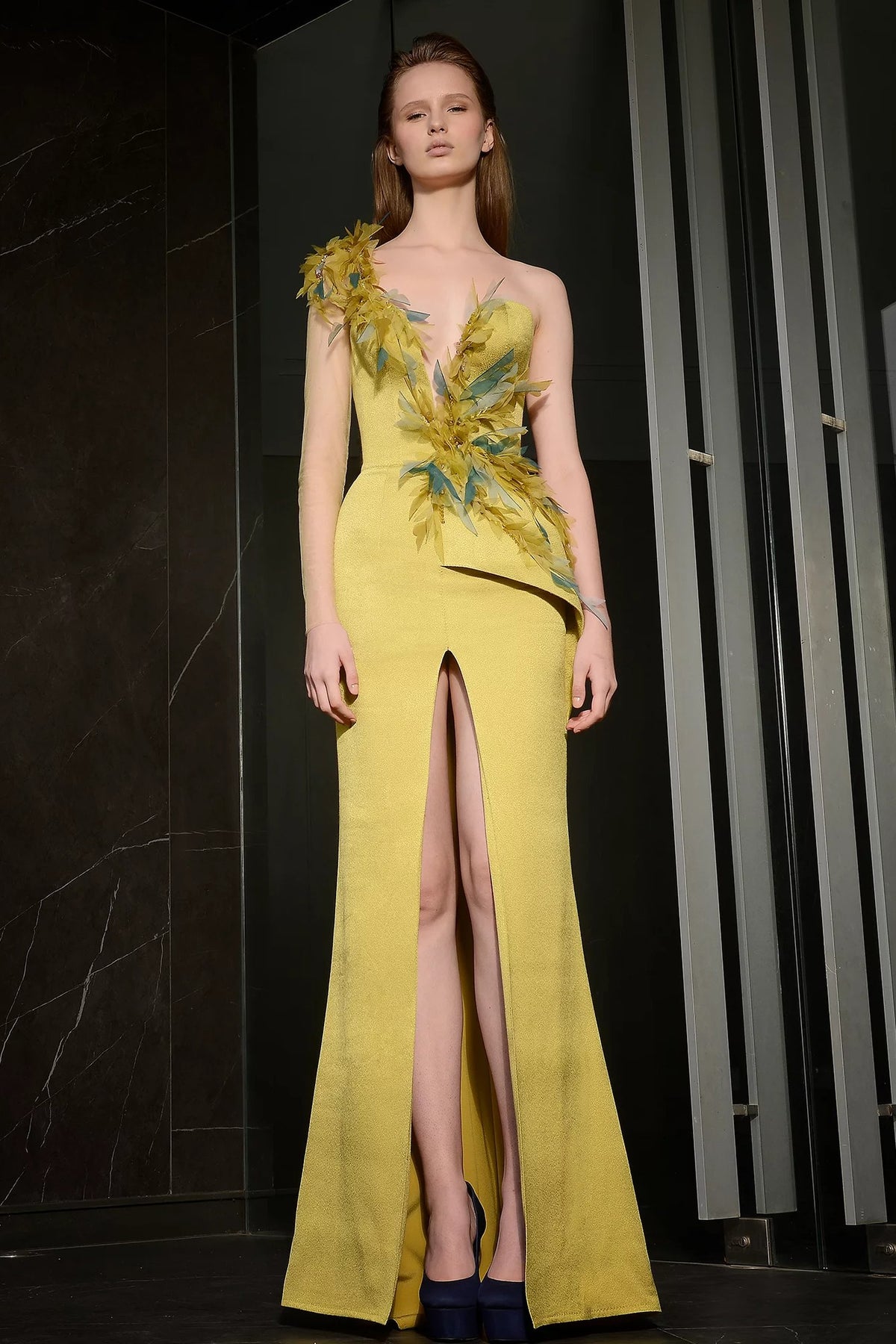 Strapless Feather Applique Gown