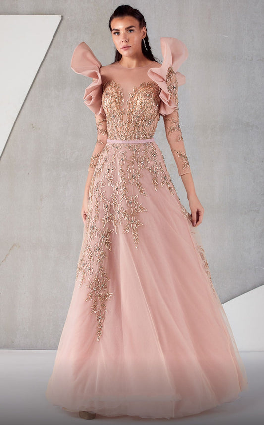 Ruffled ¾ Sleeve Embellished Gown