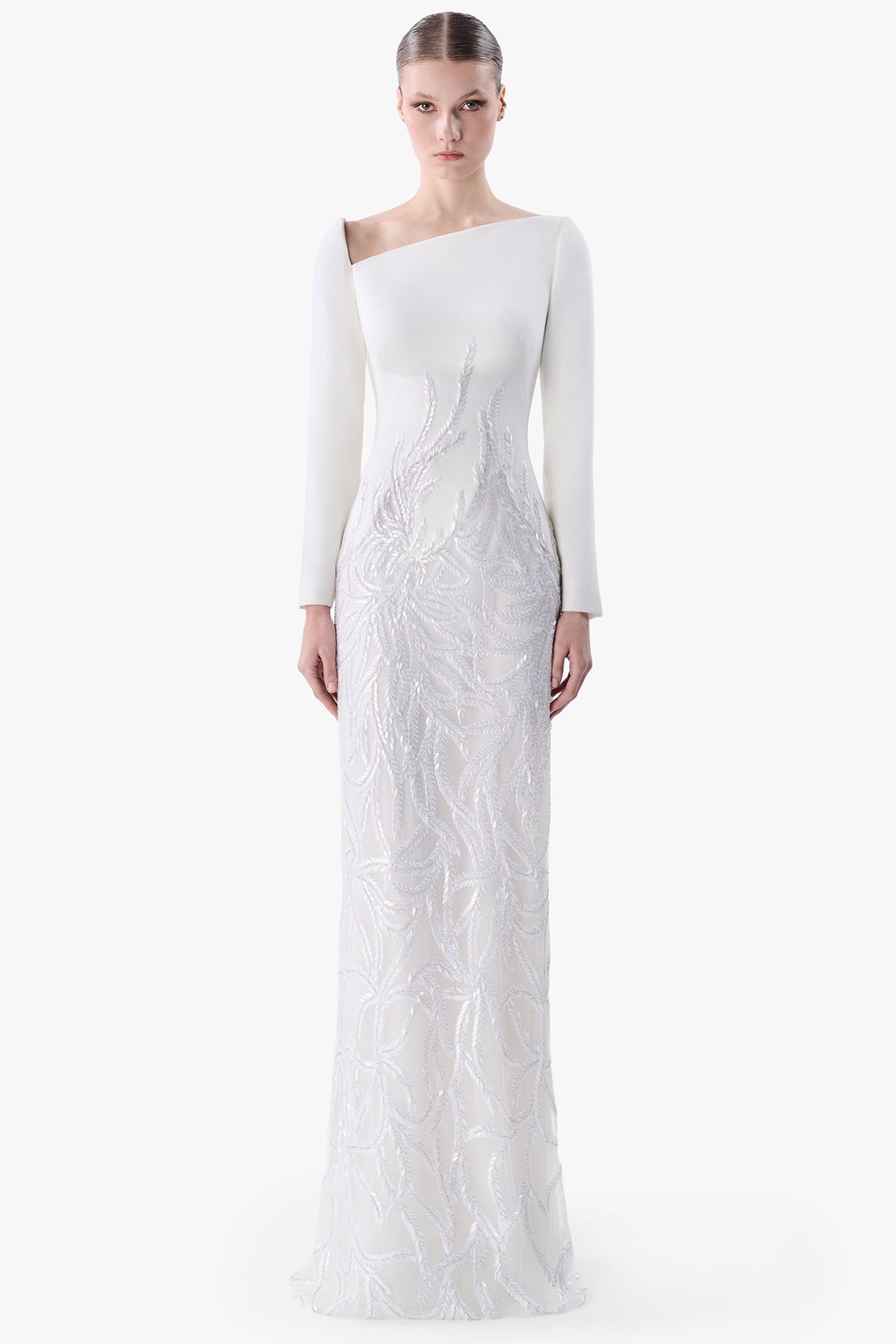 Asymmetric Crepe Gown with Embroidered Skirt