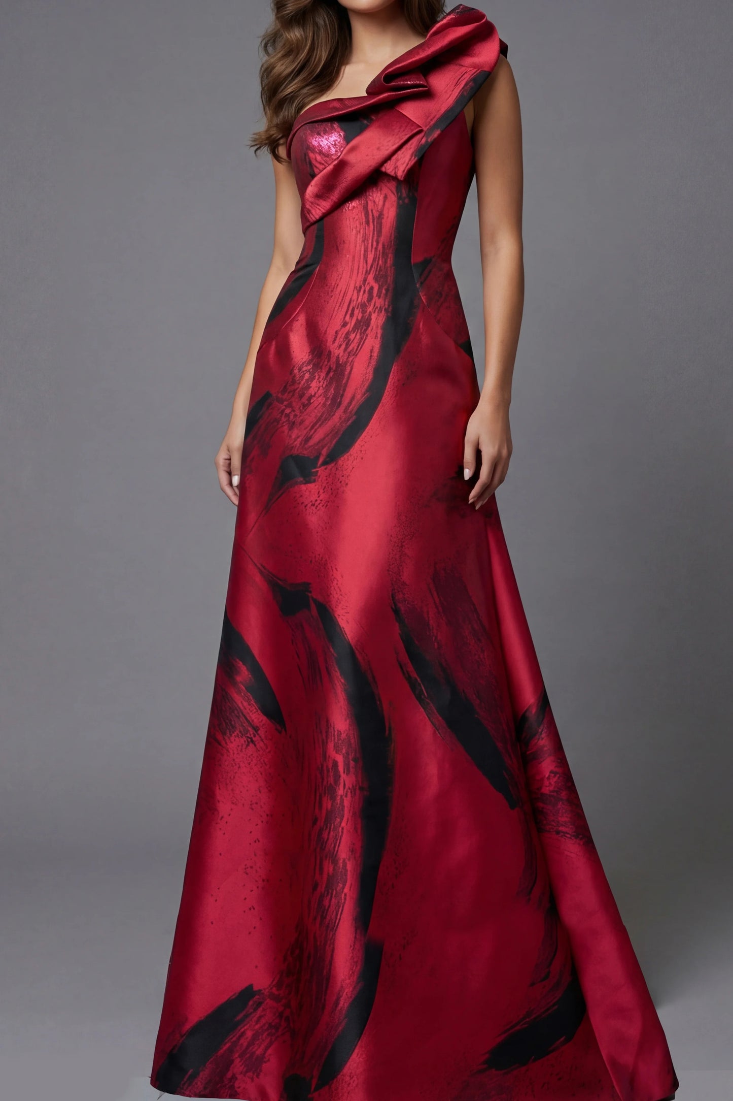 One Shoulder Printed Satin Gown With Sculpted Bodice