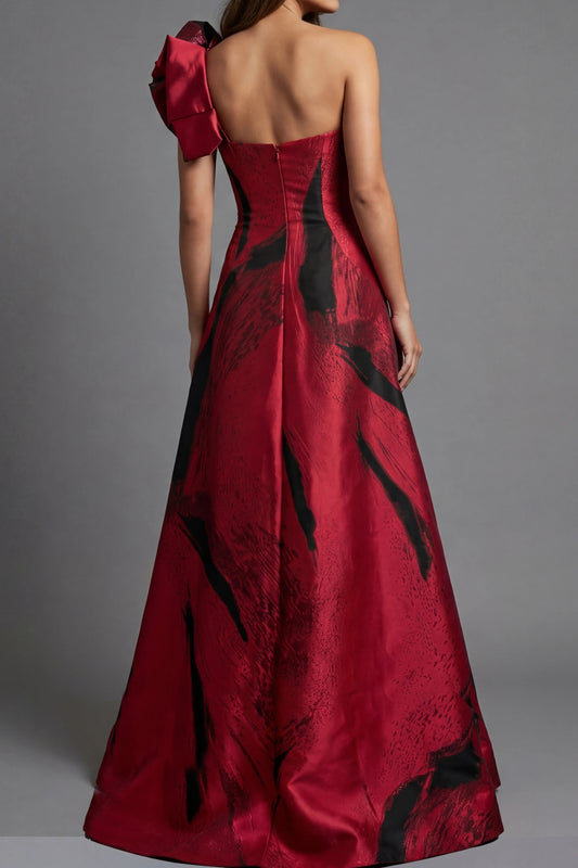 One Shoulder Printed Satin Gown With Sculpted Bodice