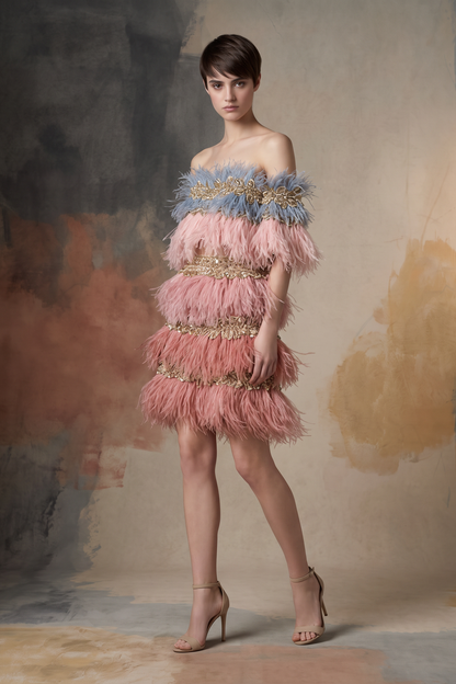 Off-Shoulder Feathered Dress