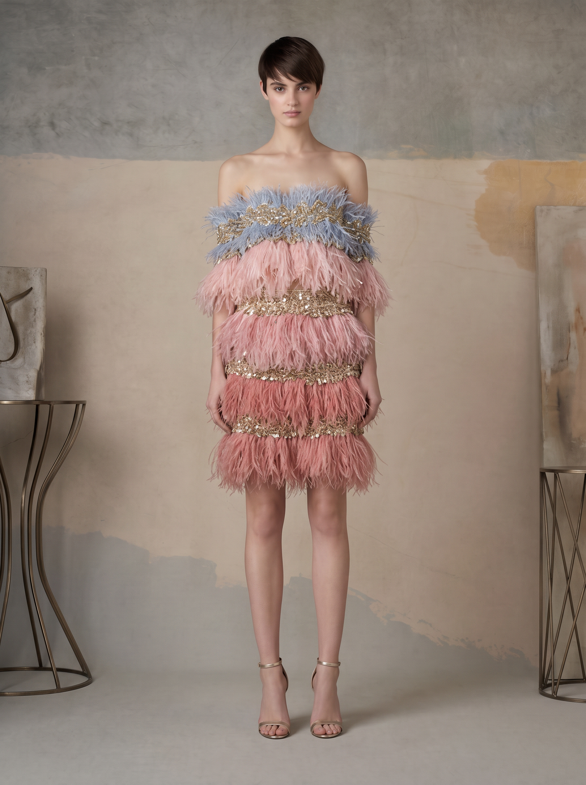 Off-Shoulder Feathered Dress