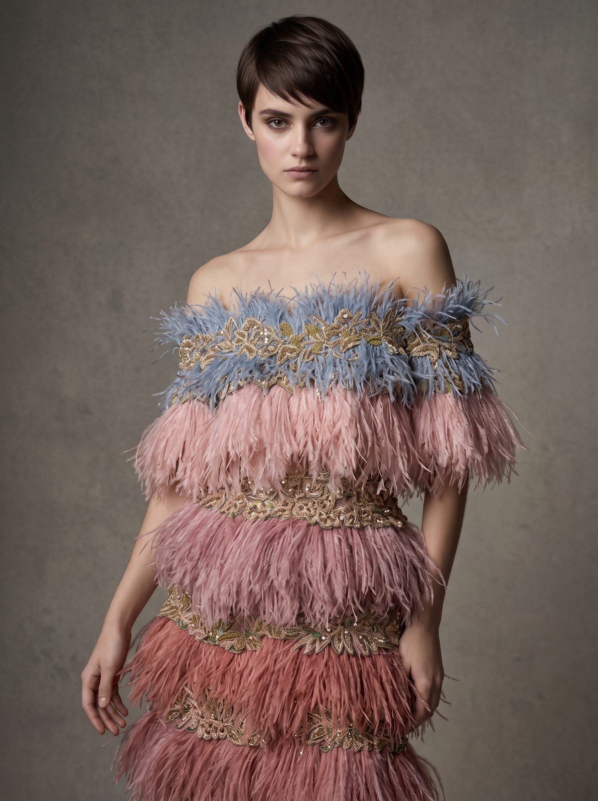 Off-Shoulder Feathered Dress