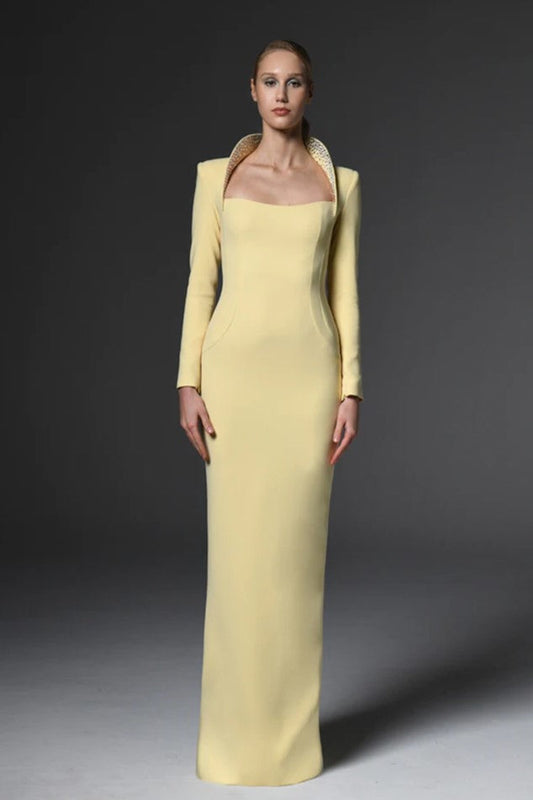 Long Crepe Gown with Embroidered Collar