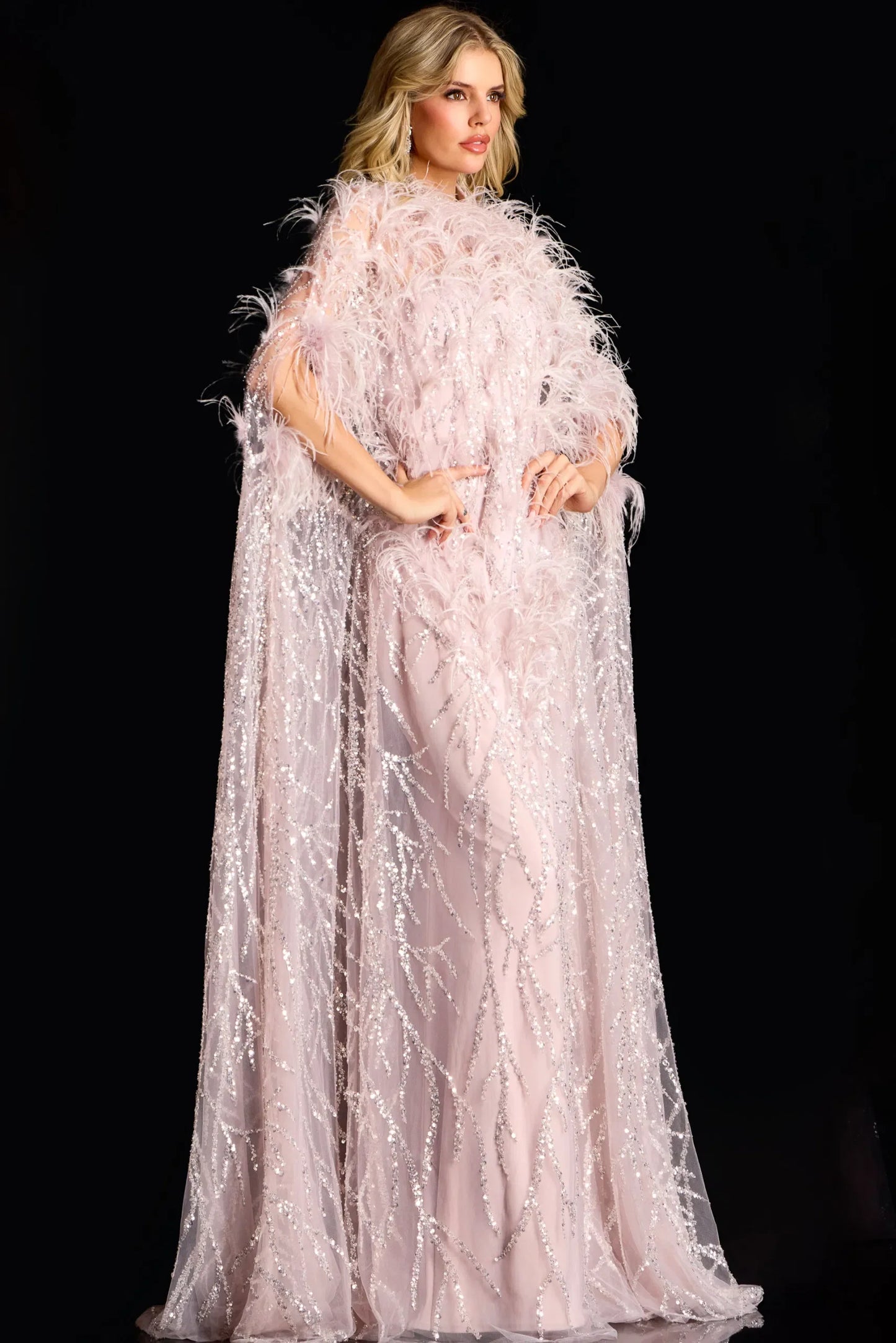 Feather Embellished Sequin Gown