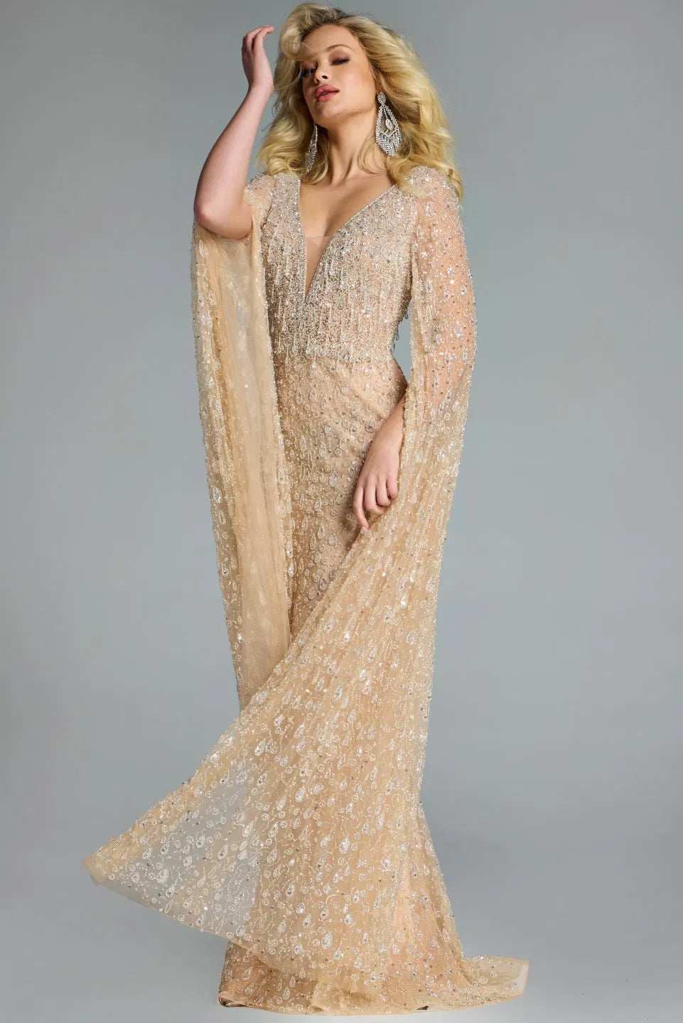 Embellished Cape Sleeve Gown