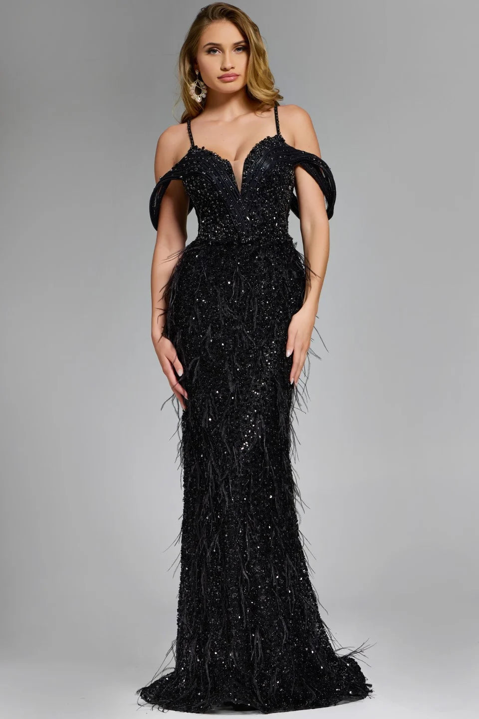 Feathered Plunge Gown with Dazzling Embellishments