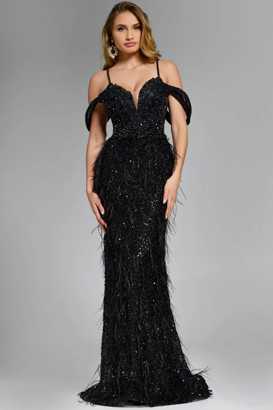 Feathered Plunge Gown with Dazzling Embellishments