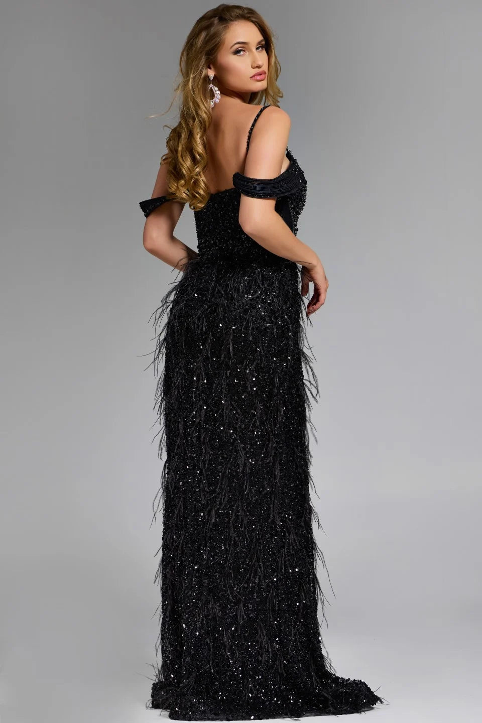 Feathered Plunge Gown with Dazzling Embellishments