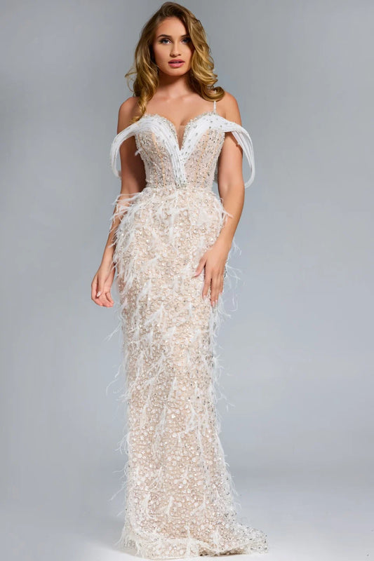 Feathered Plunge Gown with Dazzling Embellishments