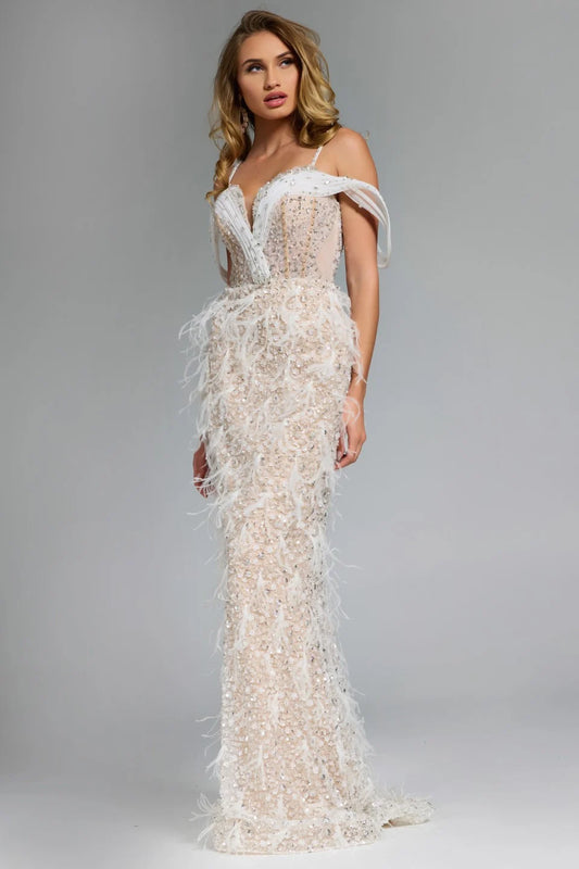 Feathered Plunge Gown with Dazzling Embellishments
