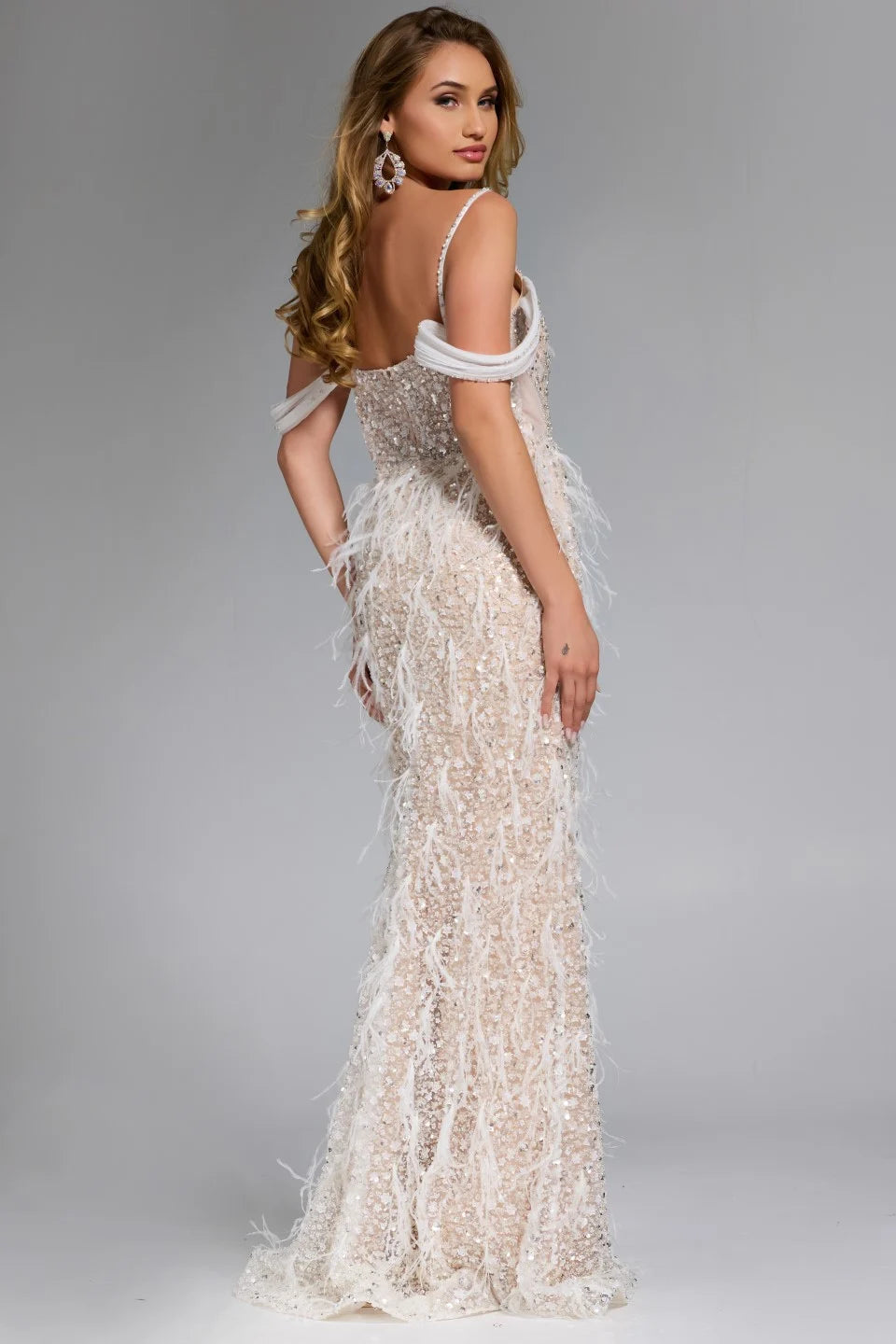 Feathered Plunge Gown with Dazzling Embellishments