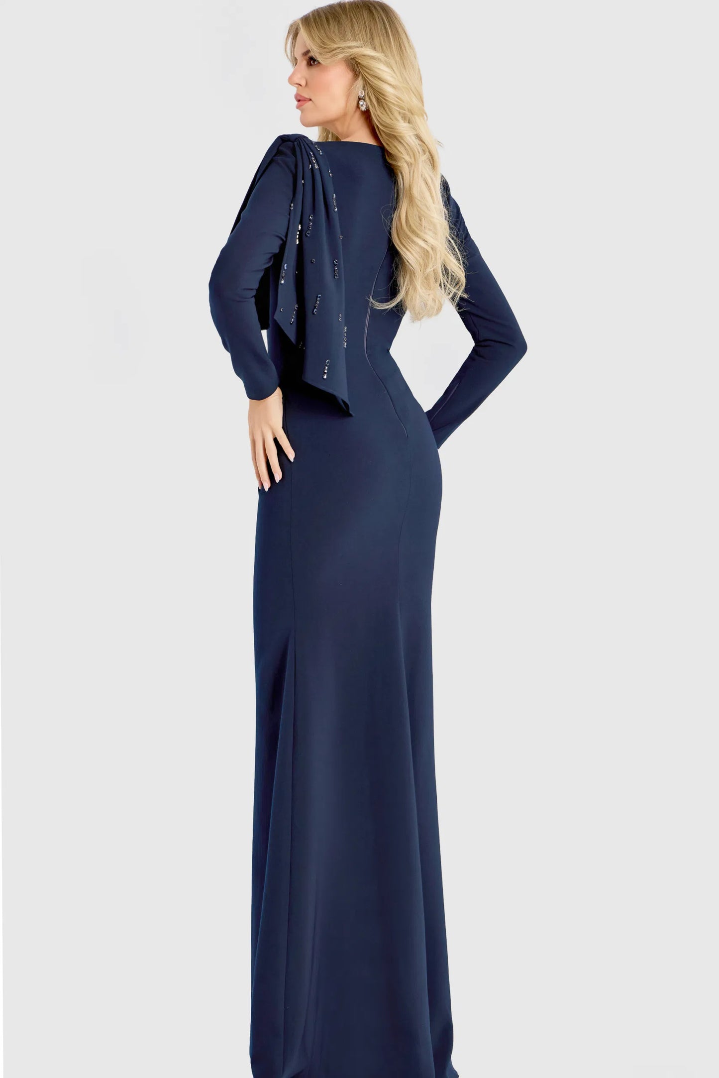Long Sleeve Draped Shoulder Gown