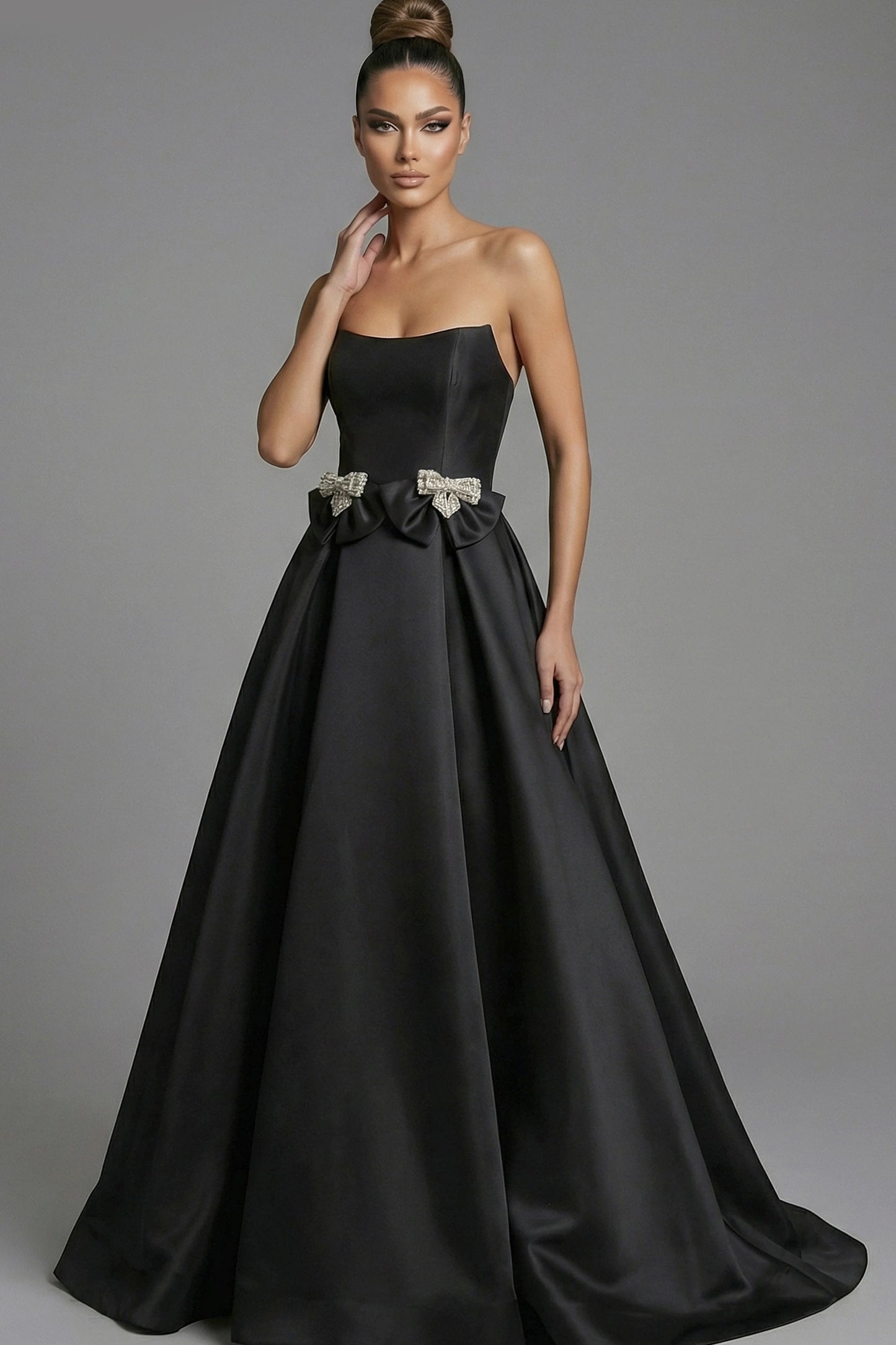 Strapless Ball Gown With Crystal Bow Accents