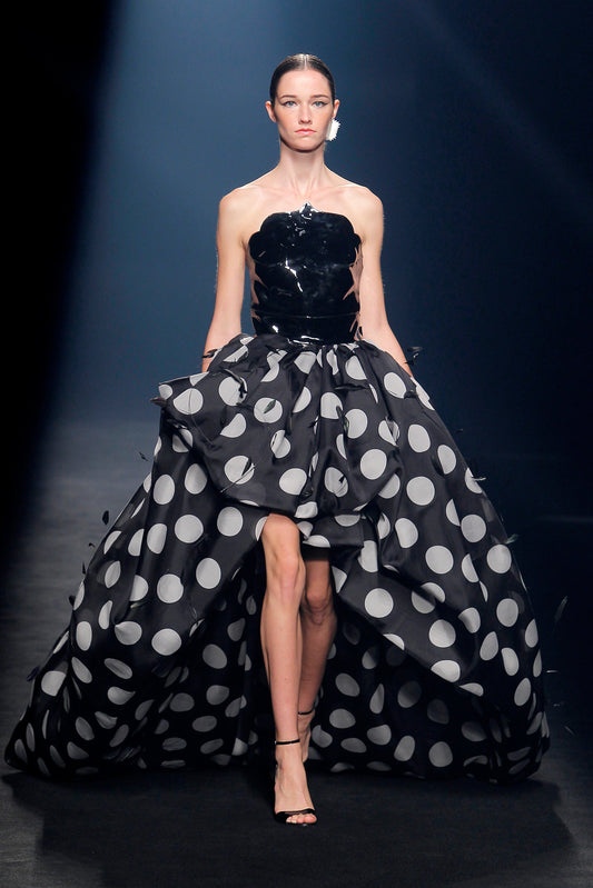 Camini Strapless Polka-Dotted Hi-Lo Gown