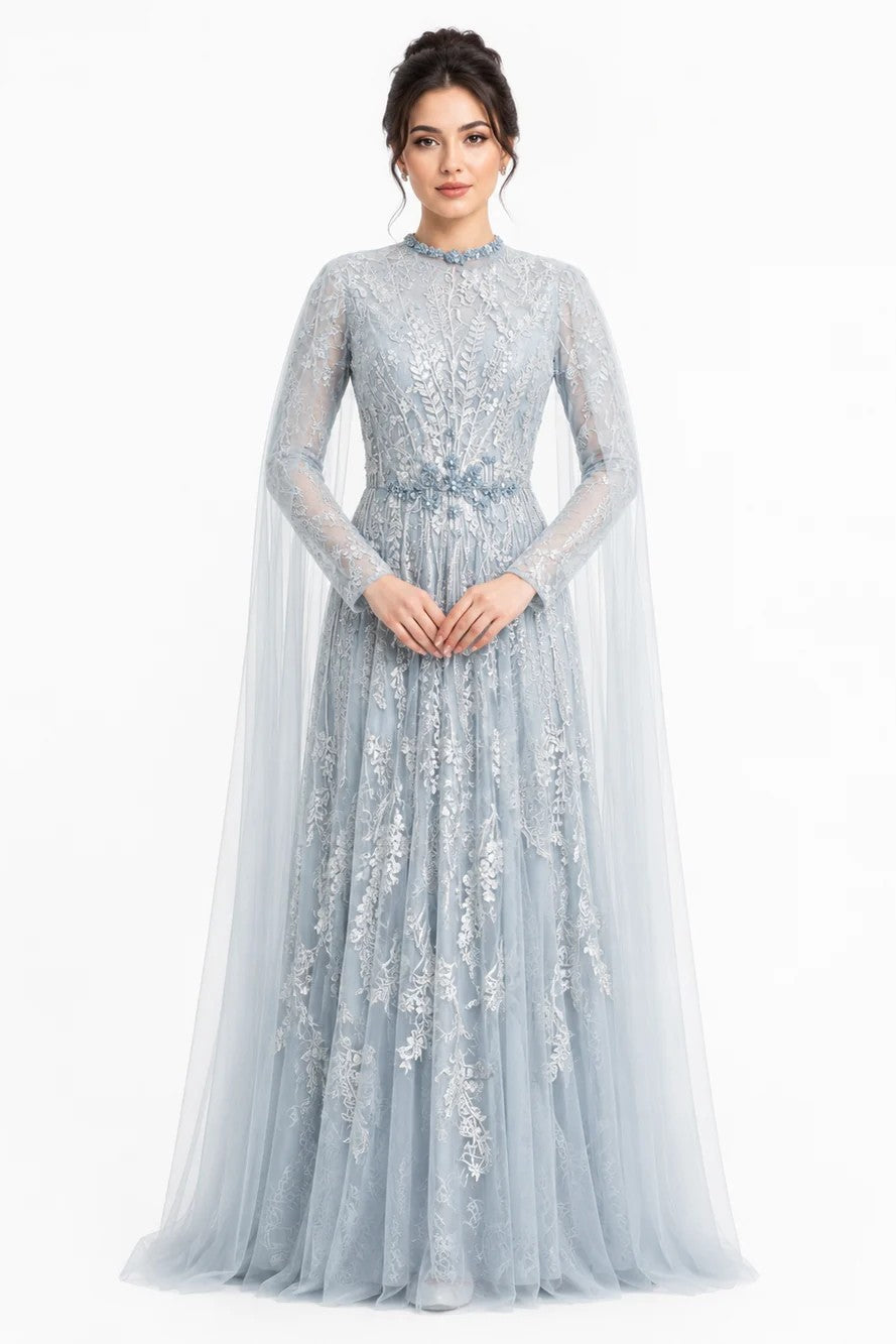 Floral Lace A-Line Gown with Swarovski Belt & Cape