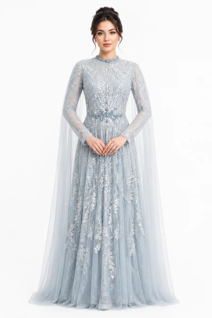 Floral Lace A-Line Gown with Swarovski Belt & Cape