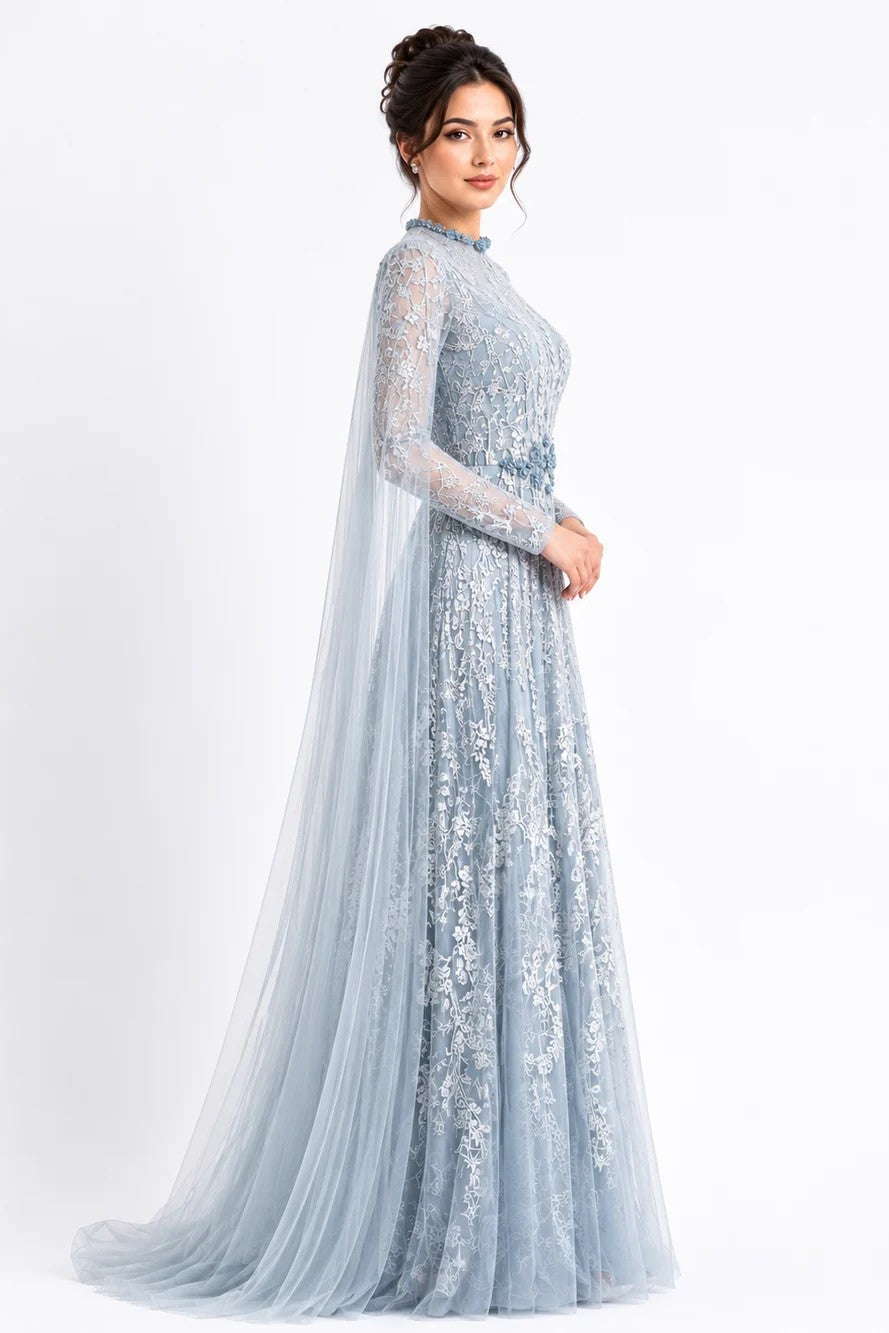 Floral Lace A-Line Gown with Swarovski Belt & Cape
