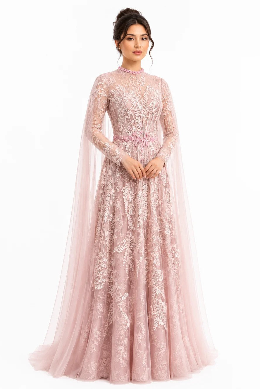 Floral Lace A-Line Gown with Swarovski Belt & Cape