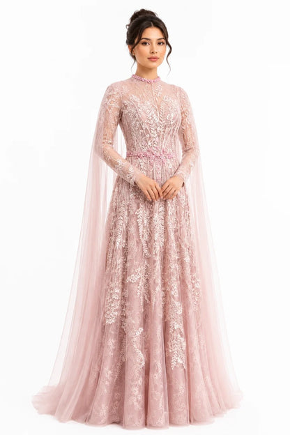 Floral Lace A-Line Gown with Swarovski Belt & Cape