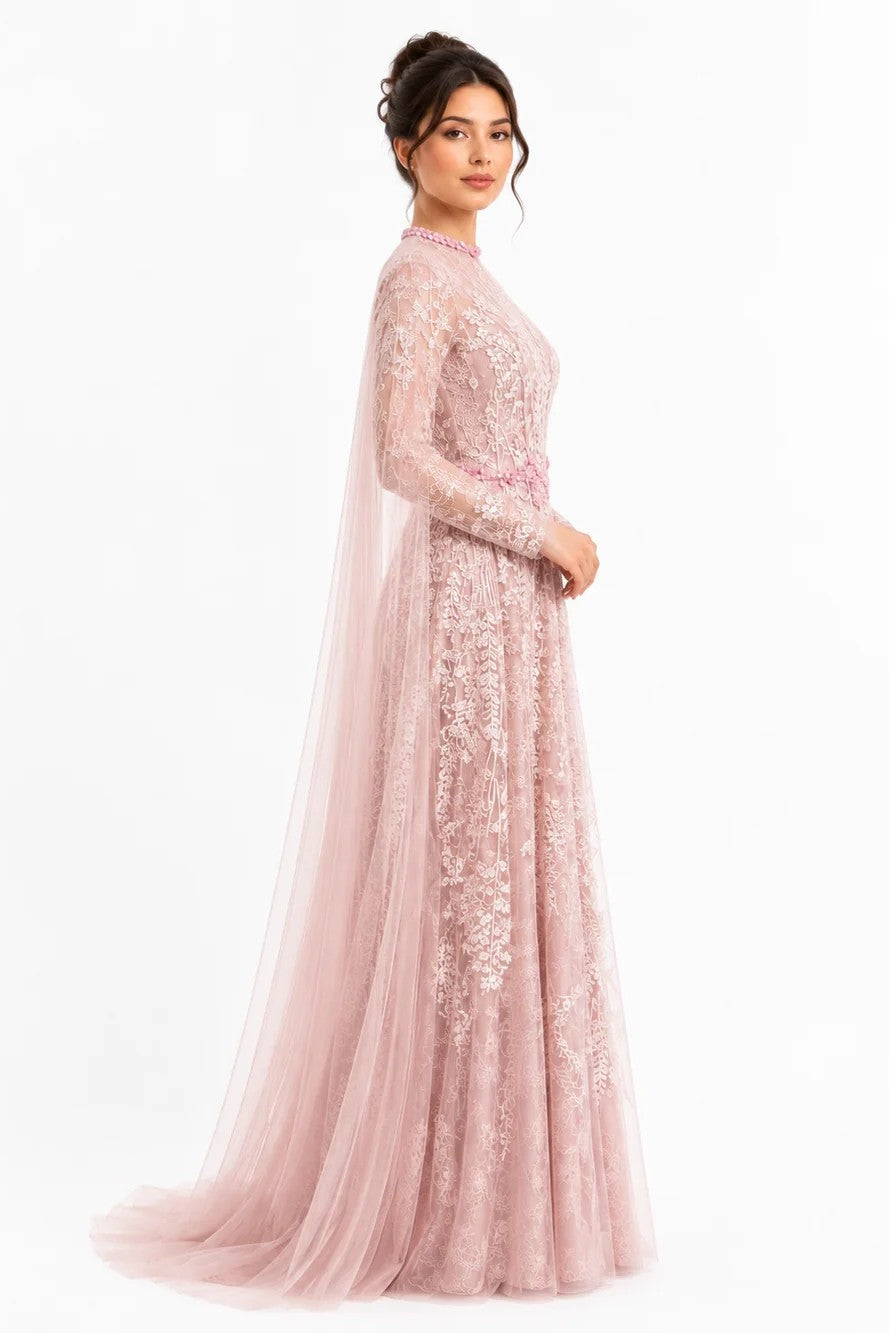 Floral Lace A-Line Gown with Swarovski Belt & Cape