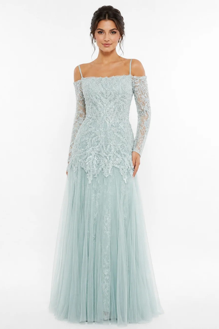 Off-Shoulder Lace Gown with Long Sleeves