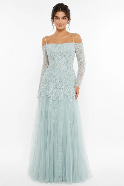 Off-Shoulder Lace Gown with Long Sleeves