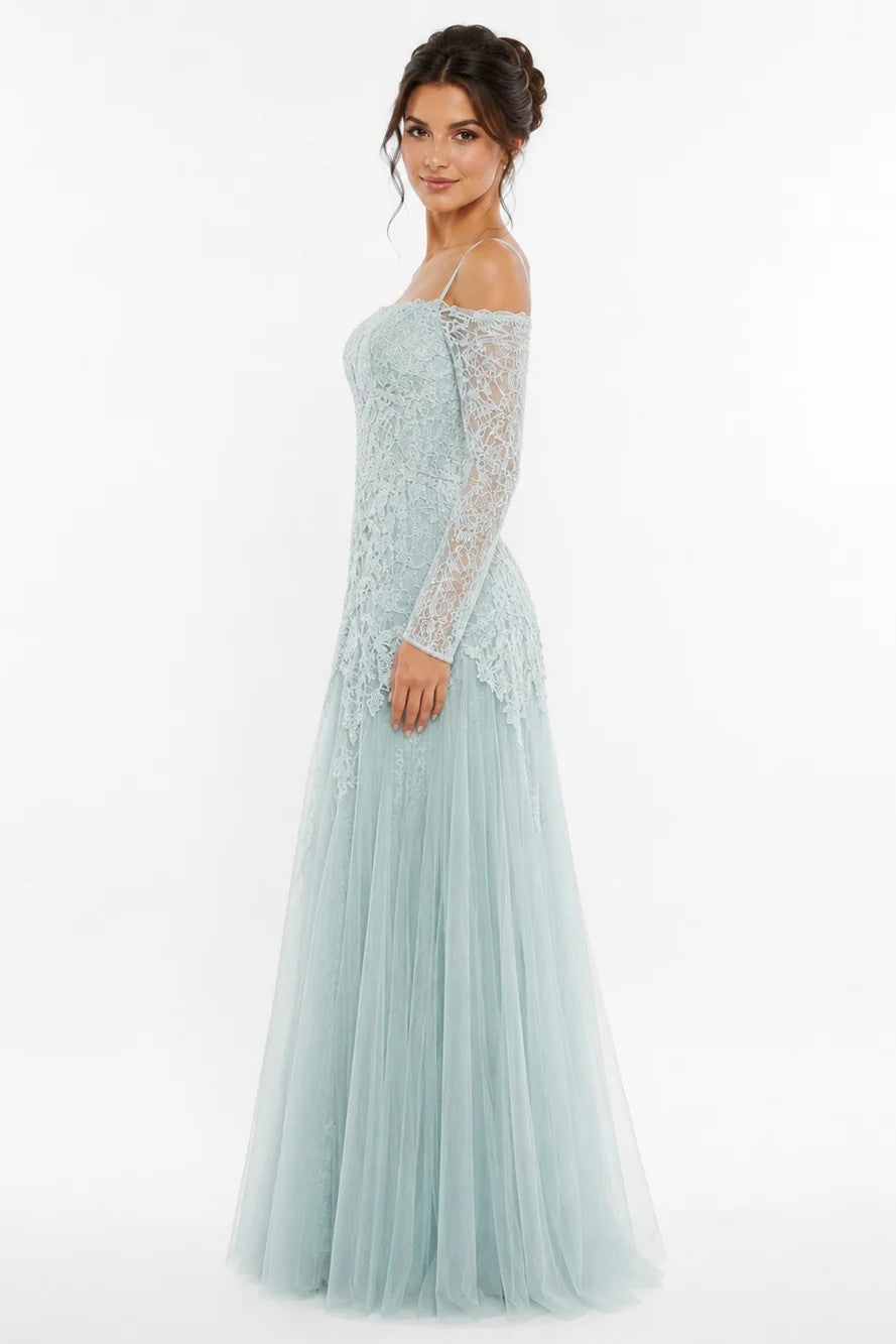 Off-Shoulder Lace Gown with Long Sleeves