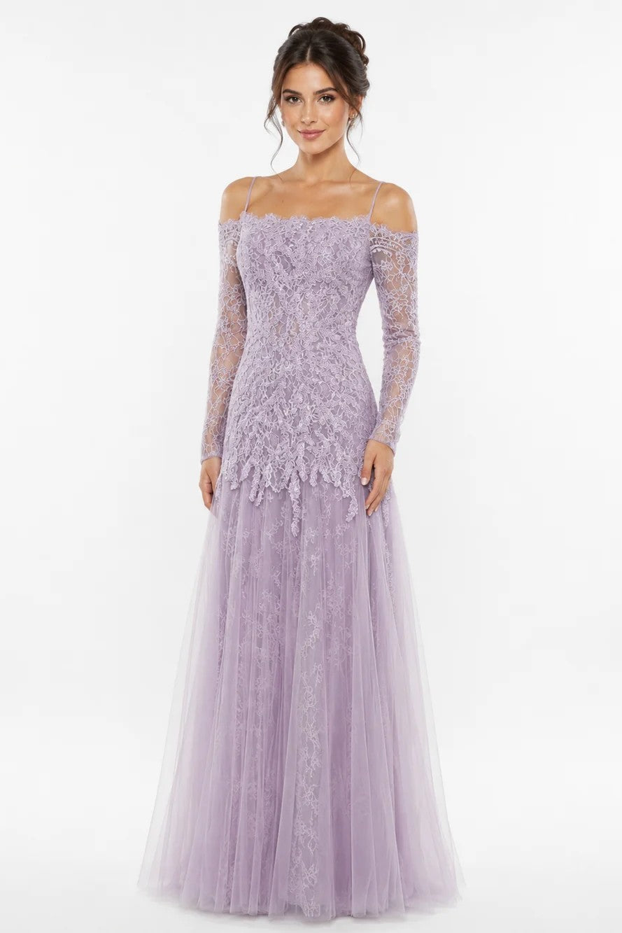 Off-Shoulder Lace Gown with Long Sleeves