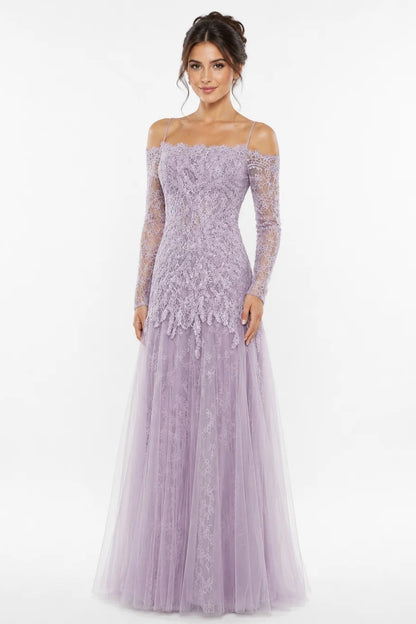 Off-Shoulder Lace Gown with Long Sleeves