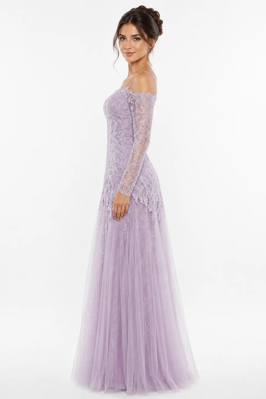 Off-Shoulder Lace Gown with Long Sleeves