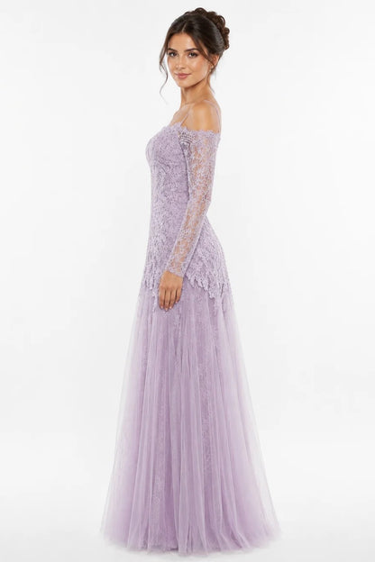 Off-Shoulder Lace Gown with Long Sleeves