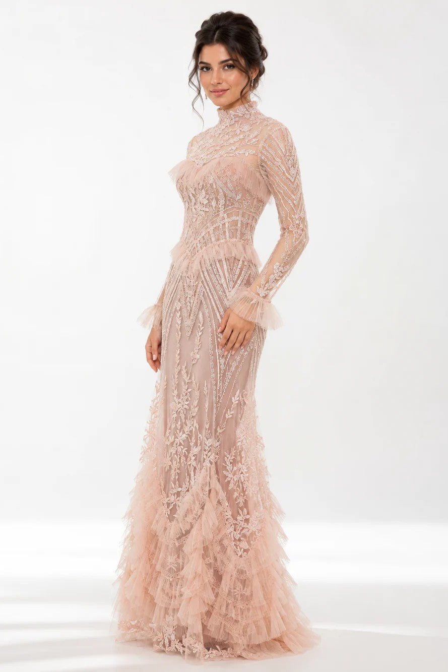 High-Neck Geometric Tulle A-Line Gown