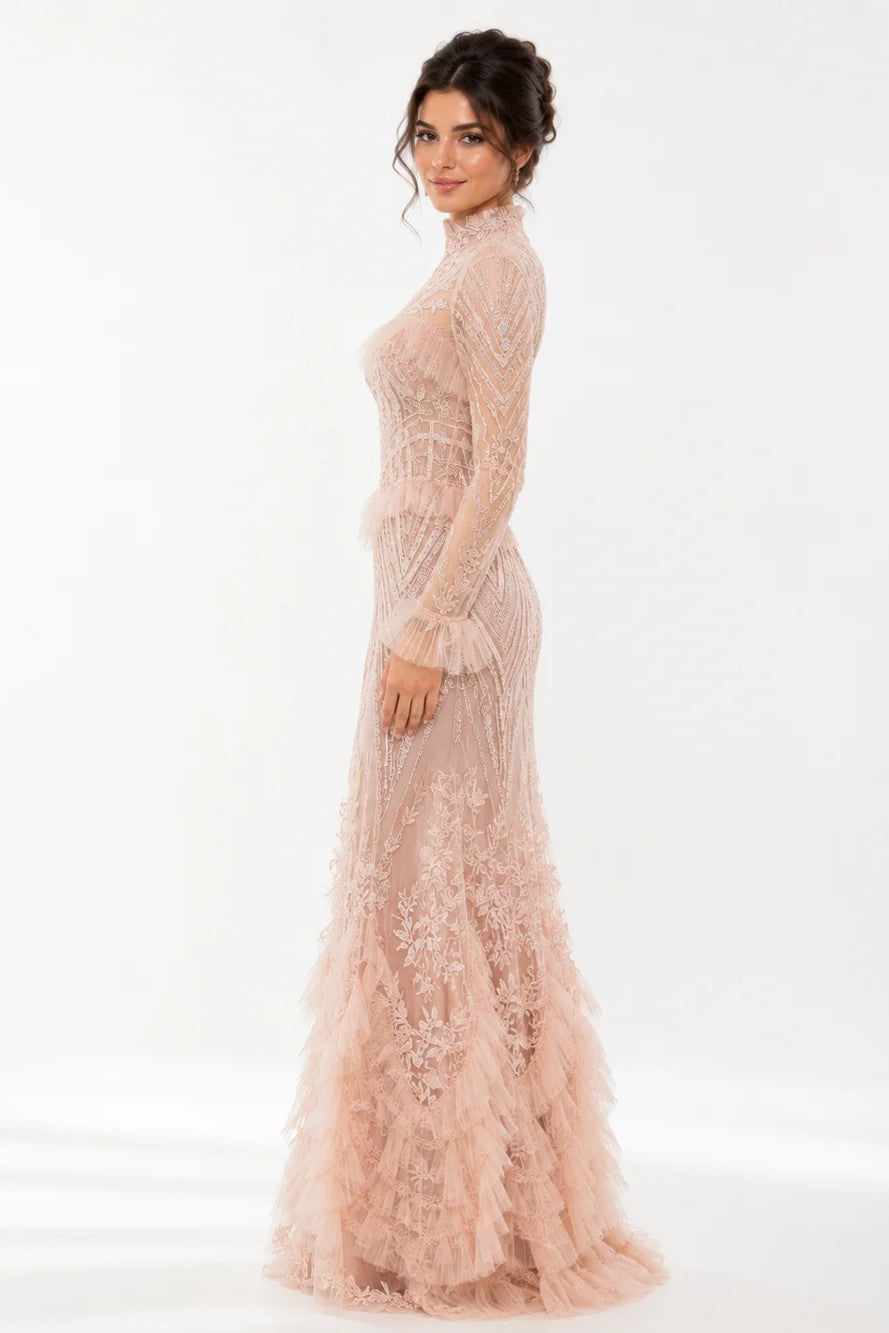 High-Neck Geometric Tulle A-Line Gown