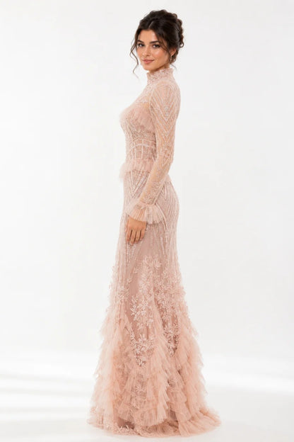 High-Neck Geometric Tulle A-Line Gown