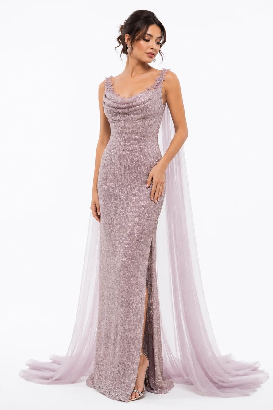Embroidered Sequin Gown with Draped Strap Details