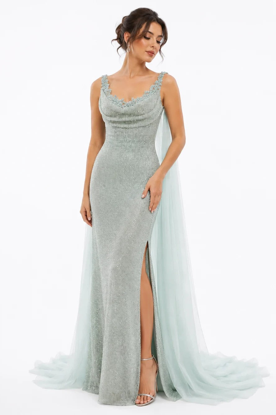 Embroidered Sequin Gown with Draped Strap Details