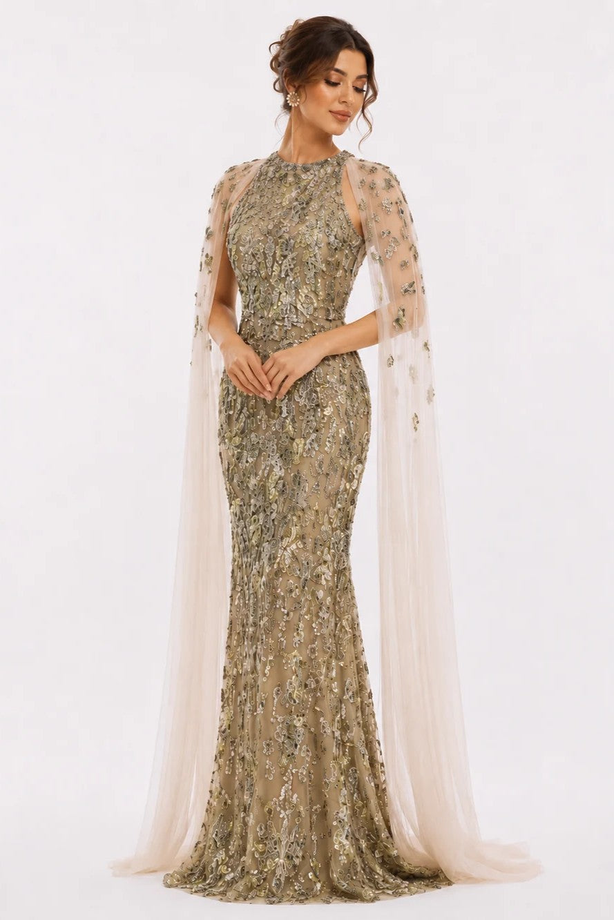 Embroidered Gown with Cape Sleeves