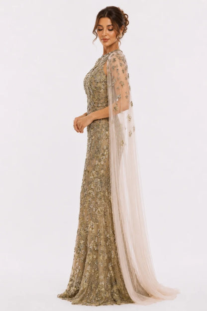 Embroidered Gown with Cape Sleeves