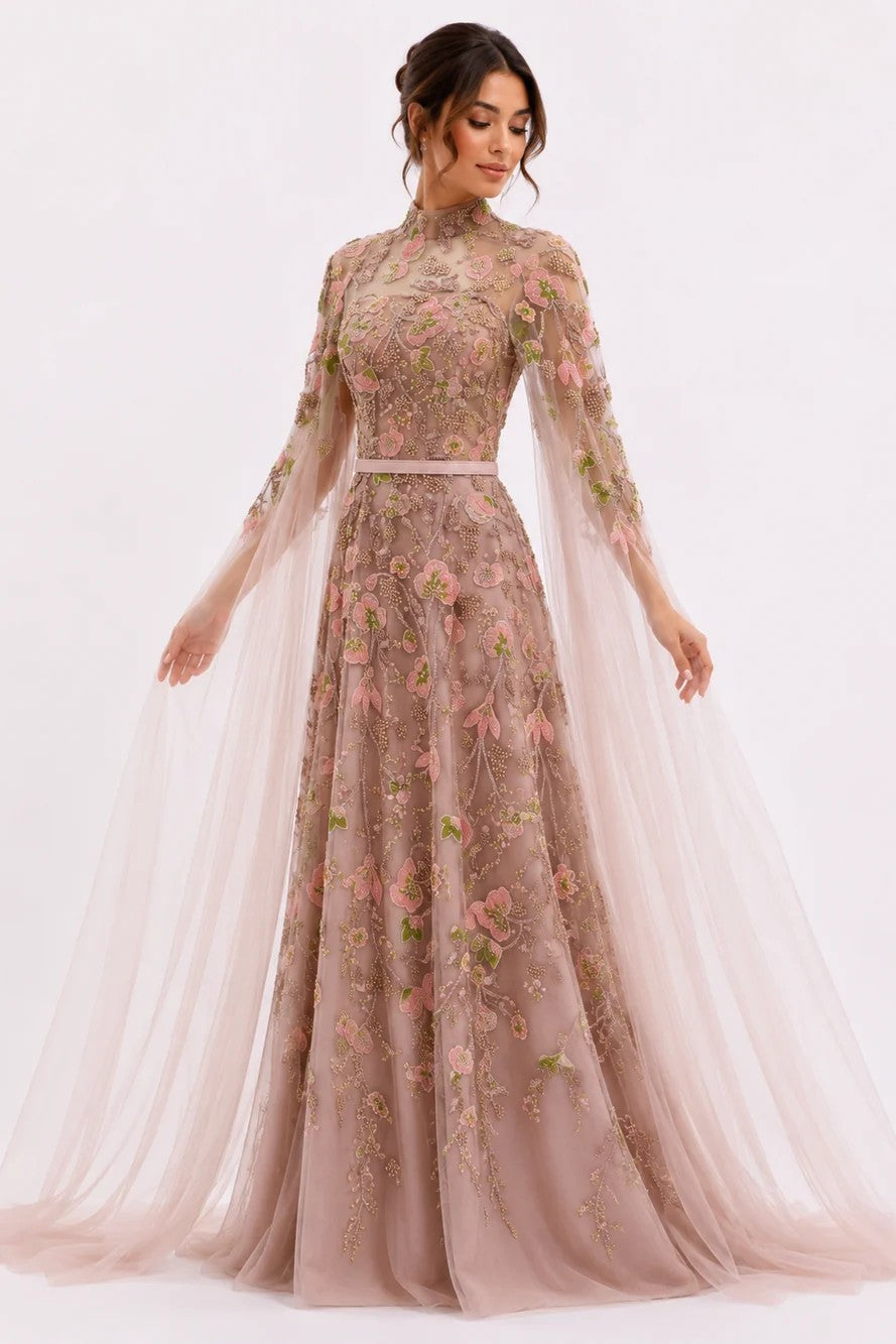 Strapless Tulle Gown with Embroidered Cape